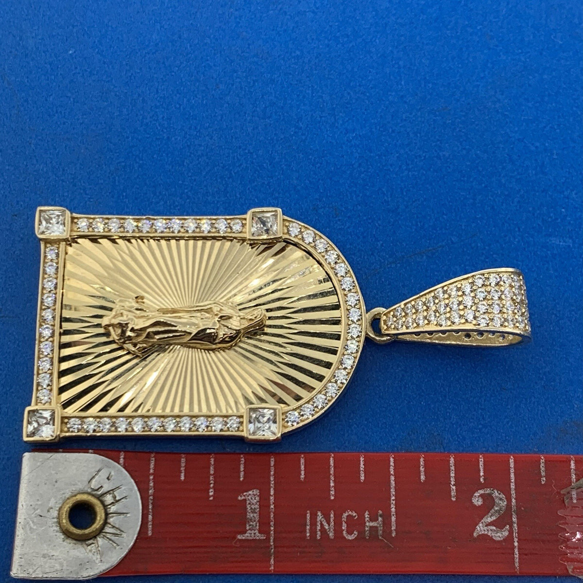 Custom 10K Yellow Gold Cut Cubic Zirconia Madonna Religious Statement Pendant