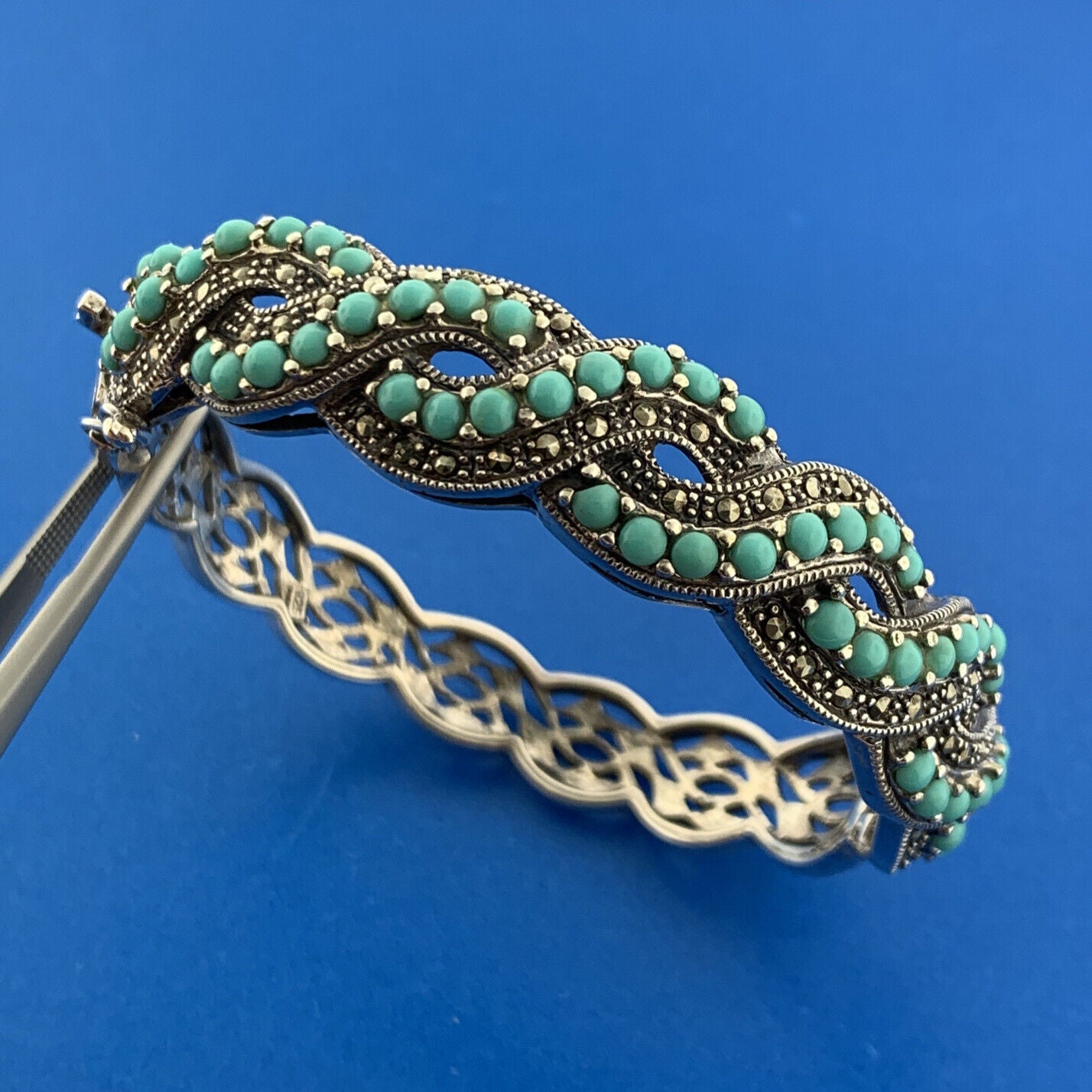 Sterling Silver 925 Turquoise Marcasite Dual Spiral 7" Hinged Cuff Bracelet