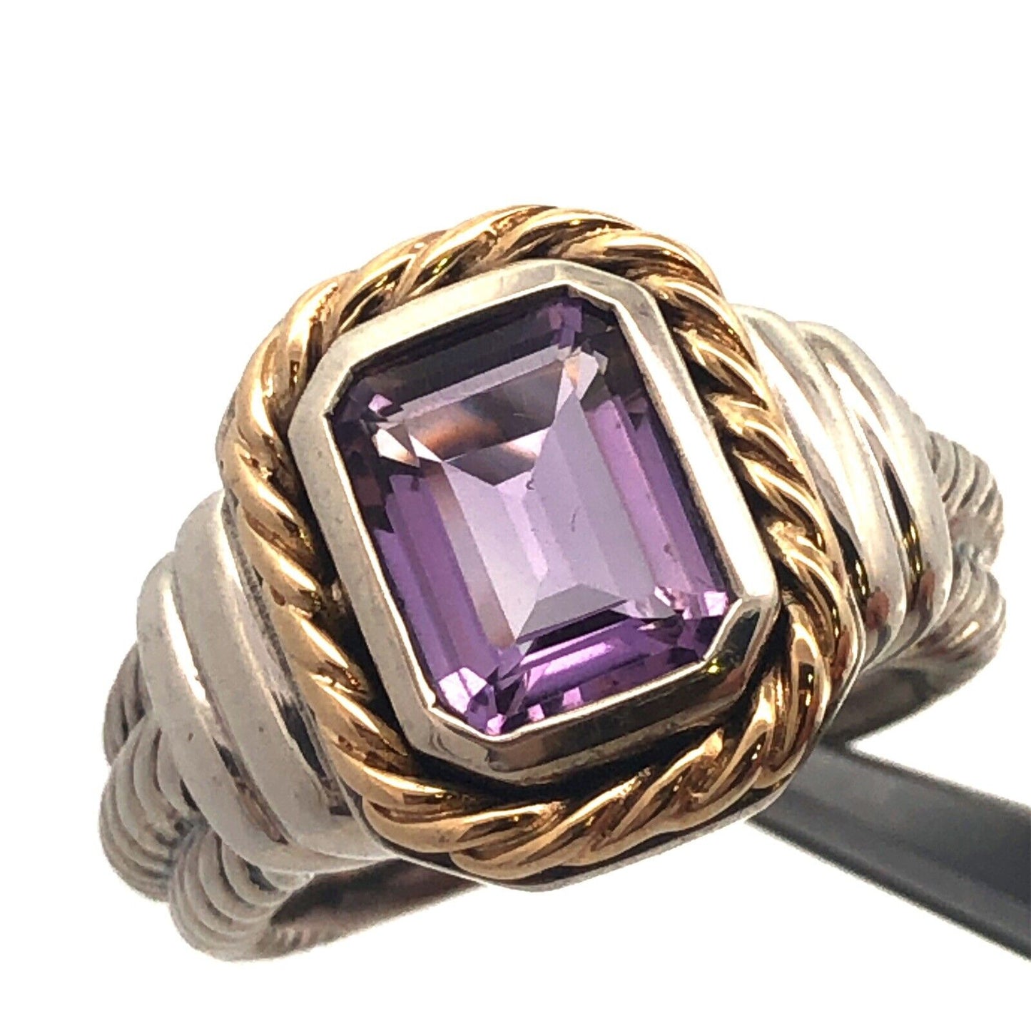 Designer CNA 925 Sterling Silver 14K Yellow Gold Emerald Cut Amethyst Sz 7 Ring