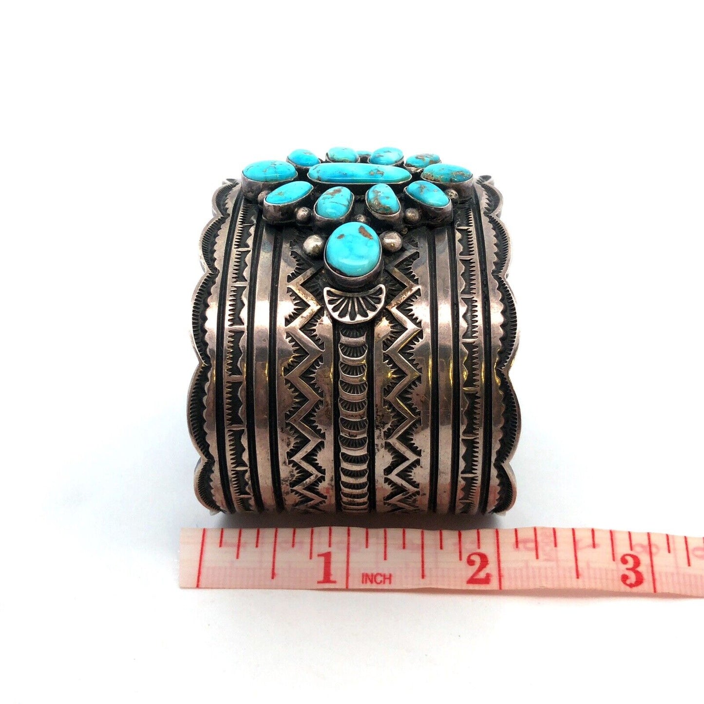 Andy Cadman Navajo 925 Sterling Silver Turquoise Concho Wide Open Cuff Bracelet