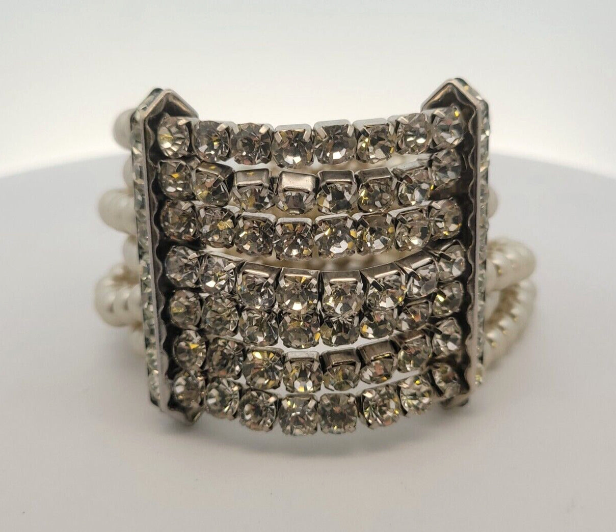 Vintage Runway Couture Silver Tone Faux Pearl Rhinestone Statement Cuff Bracelet