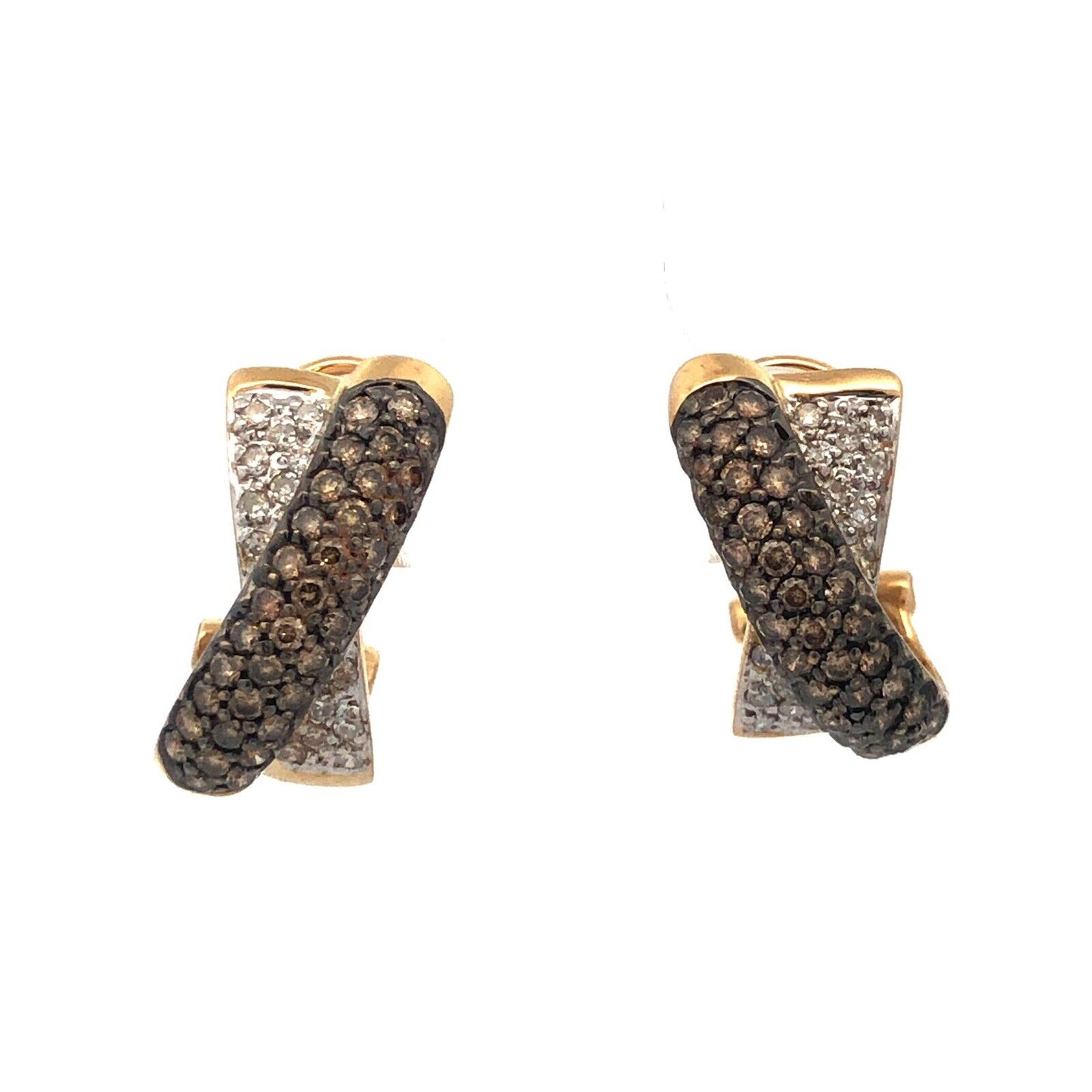 Designer 14K Yellow Gold Diamond Chocolate Vanilla Crossover Half Hoop Earrings