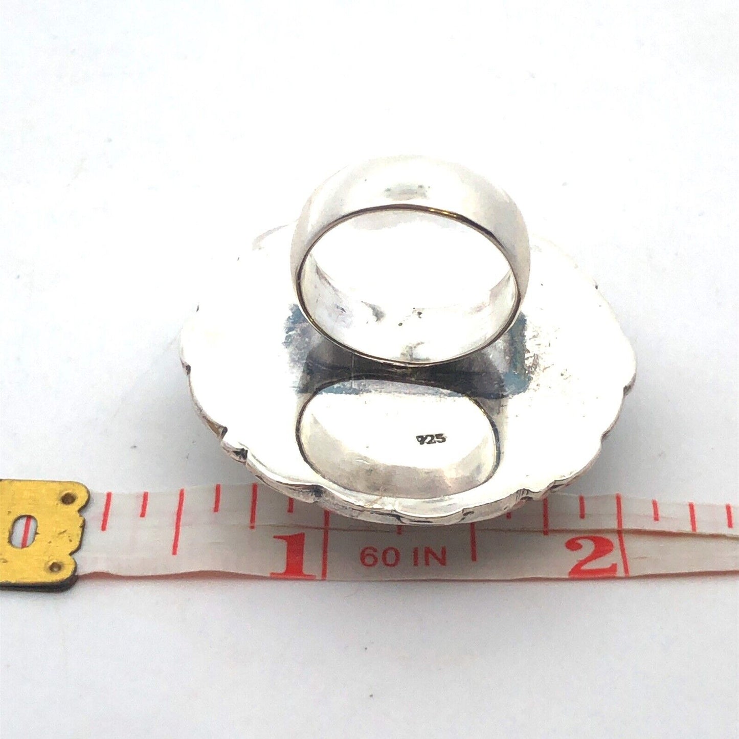 Vintage 925 Sterling Silver Round Carved Resin Moon Face Vine Statement Ring