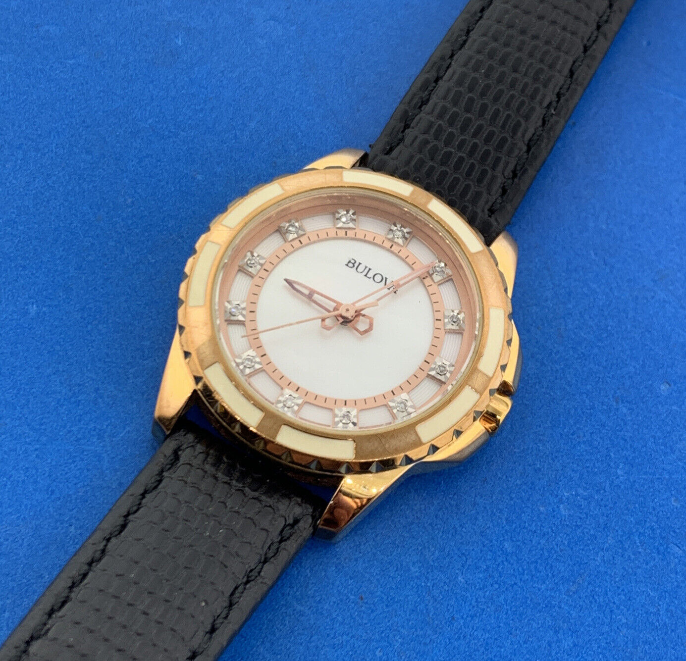 Bulova Ladies Classic Collection Diamond Rose Gold Plated Model 98P119 Watch