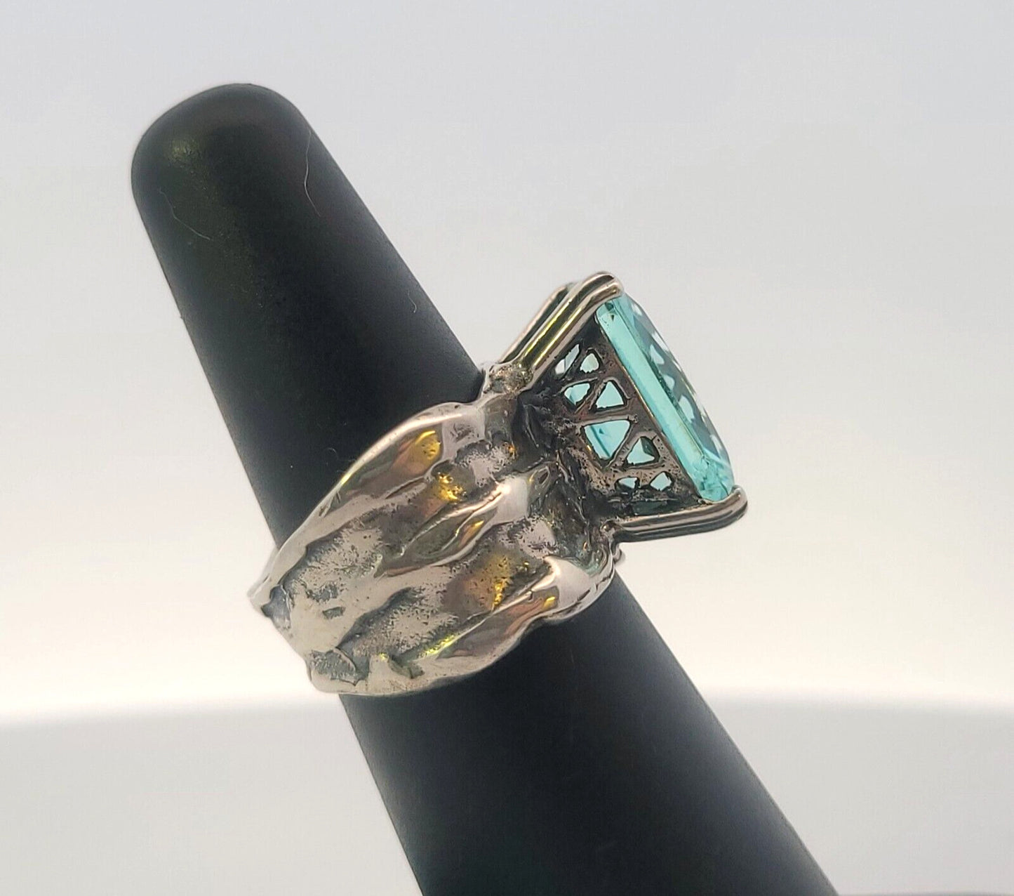 Designer 925 Sterling Silver Radiant Cut Blue Topaz Size 6.75 Wide Band Ring