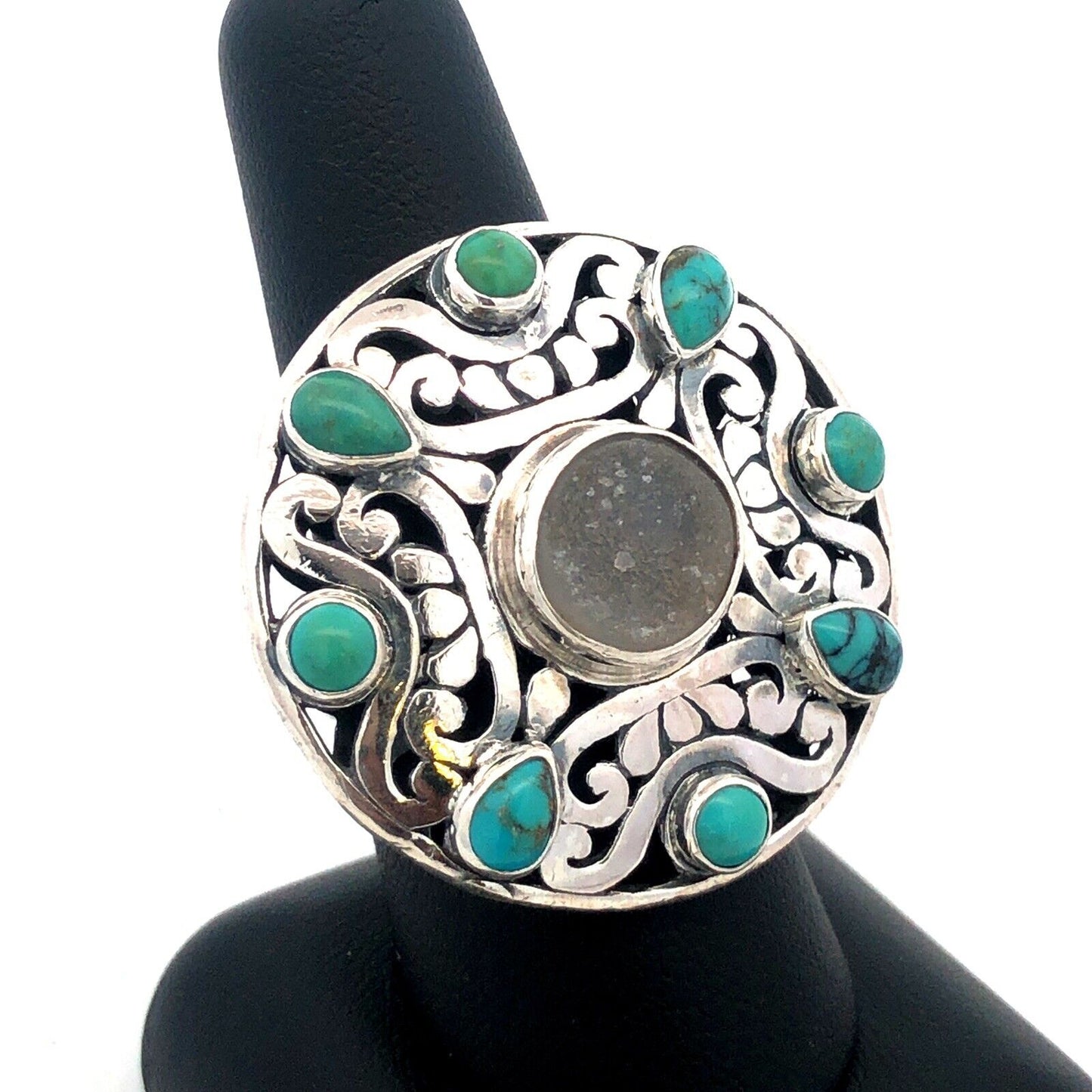 Native American 925 Sterling Silver Turquoise Druzy Quartz Round Statement Ring