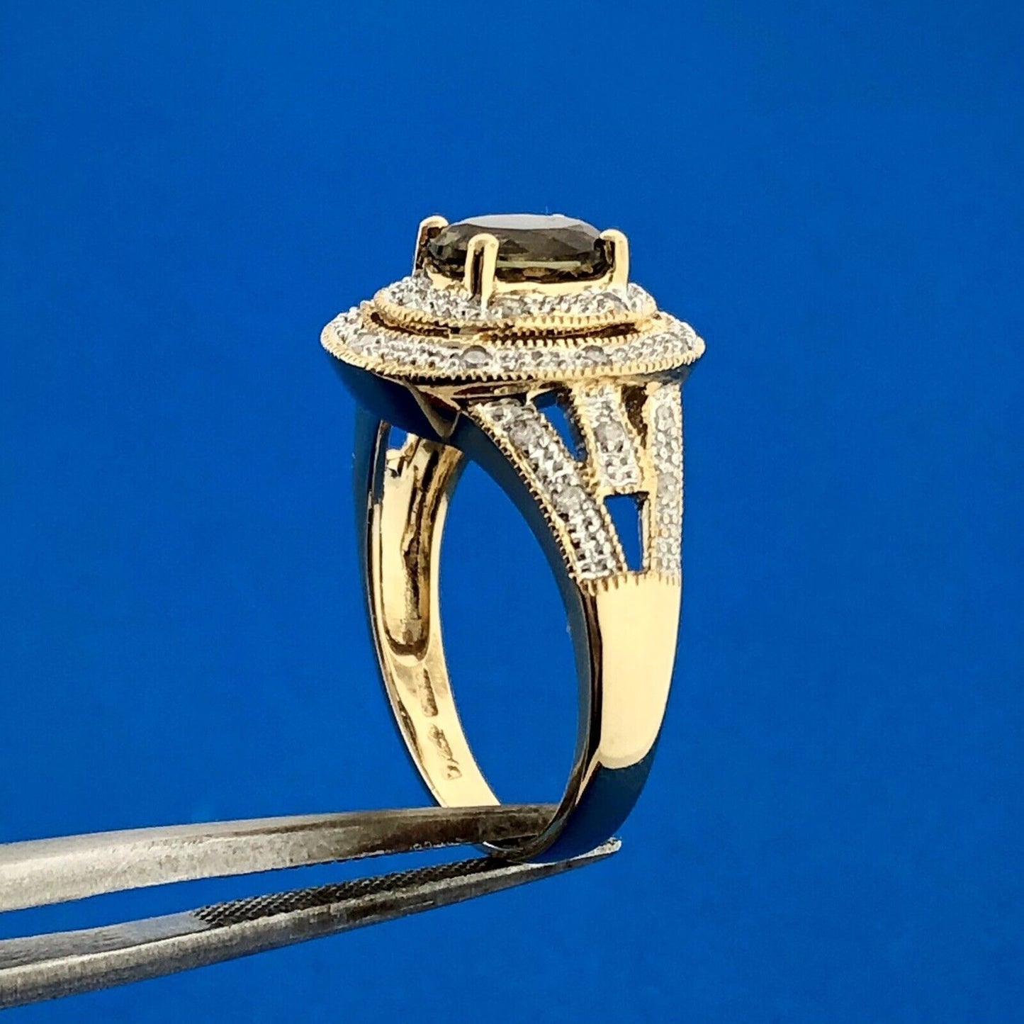 Designer DYACH 14K Yellow Gold Oval Smoky Quartz Diamond Double Halo Ring