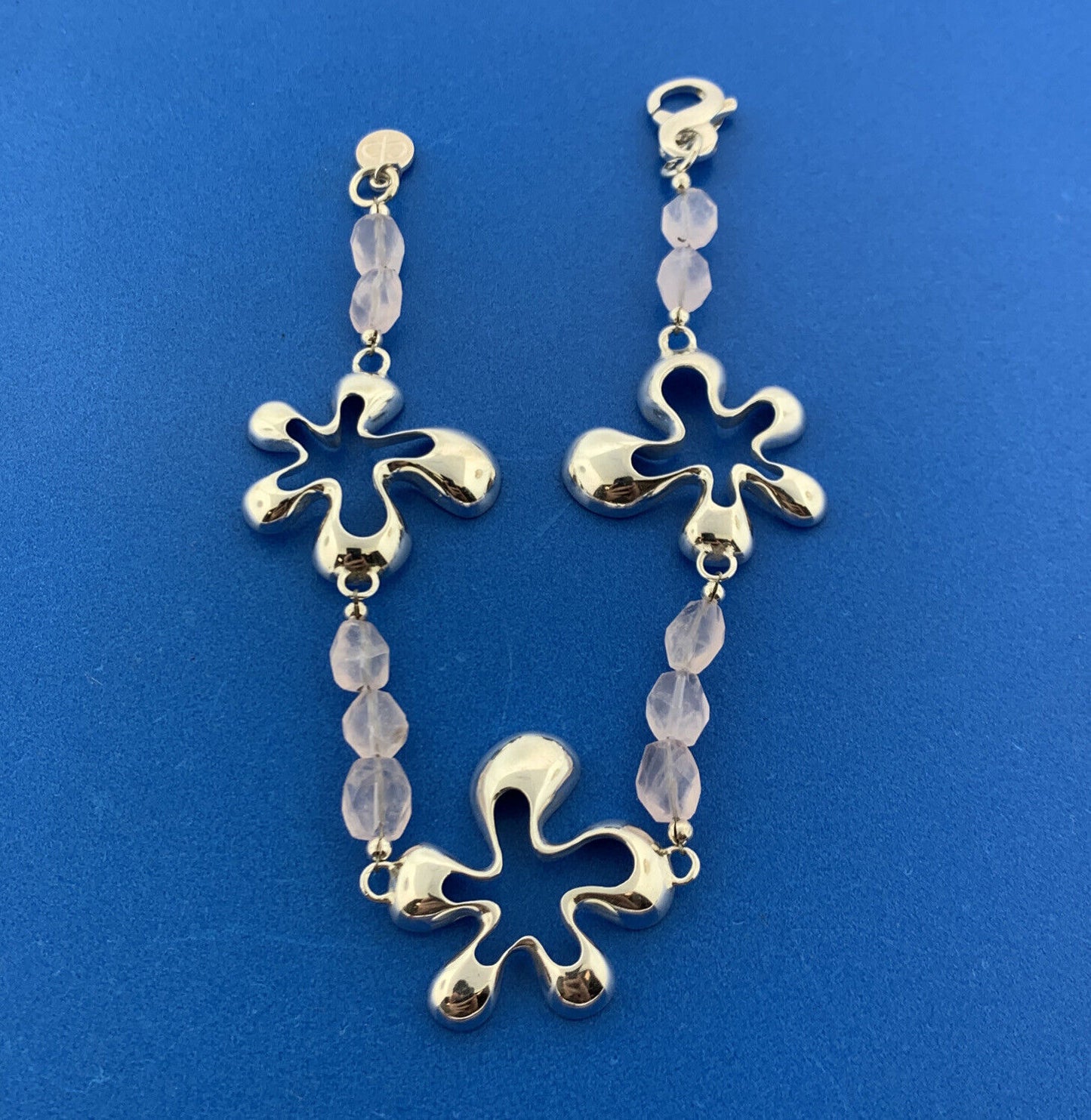 Designer Modernist Sterling Silver Rose Quartz Abstract Flower Station Bracelet