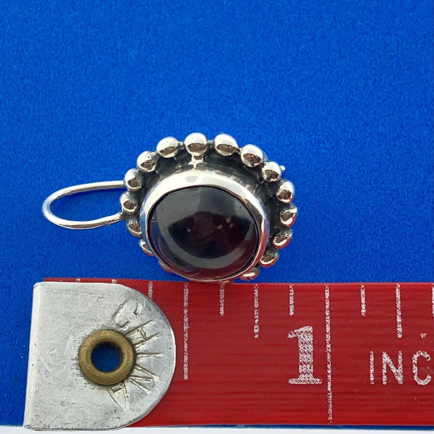Modernist Sterling Silver Garnet Cabochon Beaded Halo January Occasion Earrings