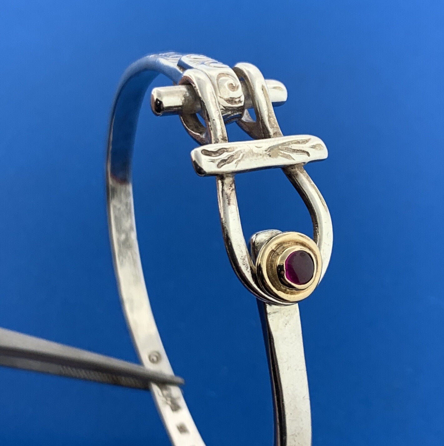 Sun Lyon Studio 925 Sterling Silver 14K Gold Ruby Hand Wrought Cuff Bracelet