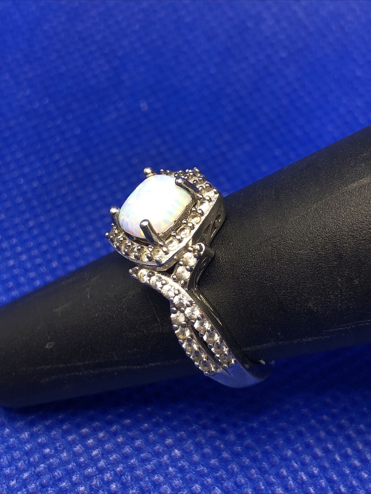 Designer SUN 925 Sterling Silver Opal Diamond Accented Size 6 Statement Ring