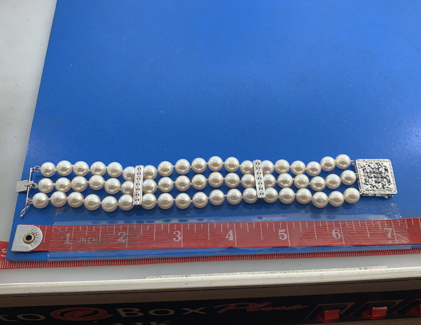 Designer 14K White Gold Pearl Diamond Three Strand Statement Wide Bracelet