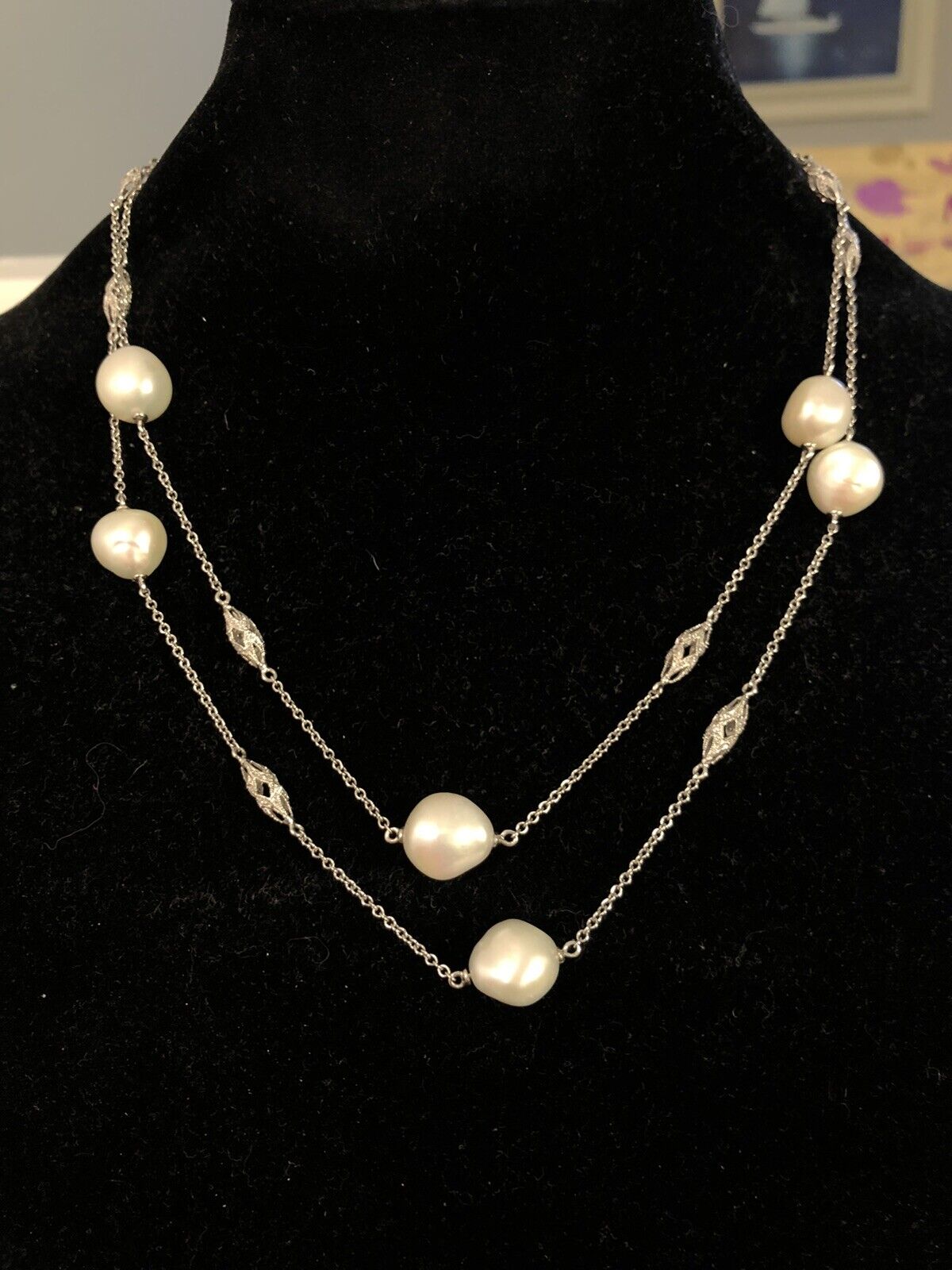 Estate 14K White Gold Art Deco Baroque Pearl Diamond Station Beaded Necklace