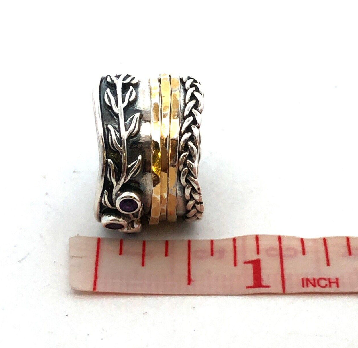 PAZ Creations 925 Sterling Silver Two Tone Amethyst Vine Wide Spinner Band Ring
