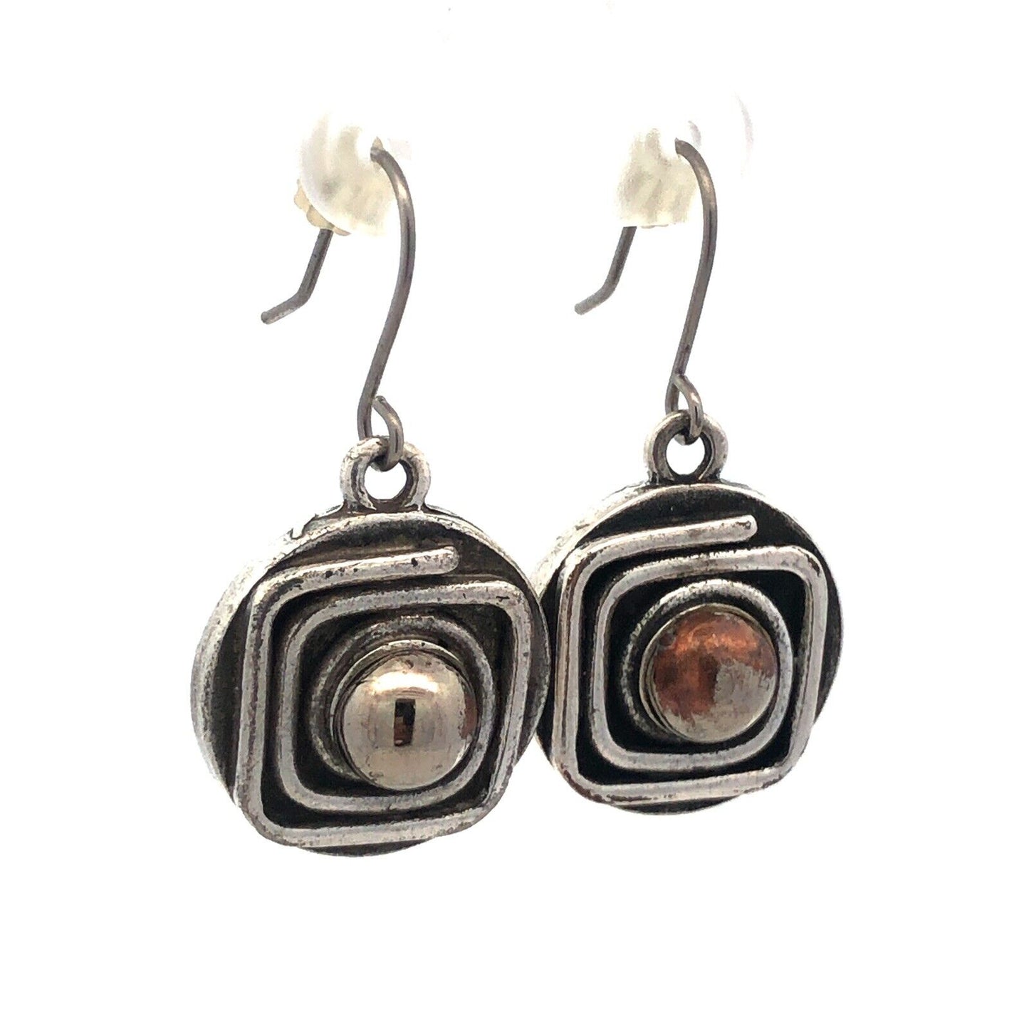 Vintage 925 Sterling Silver Gold Vermeil Two Tone Swirl Round Dangle Earrings