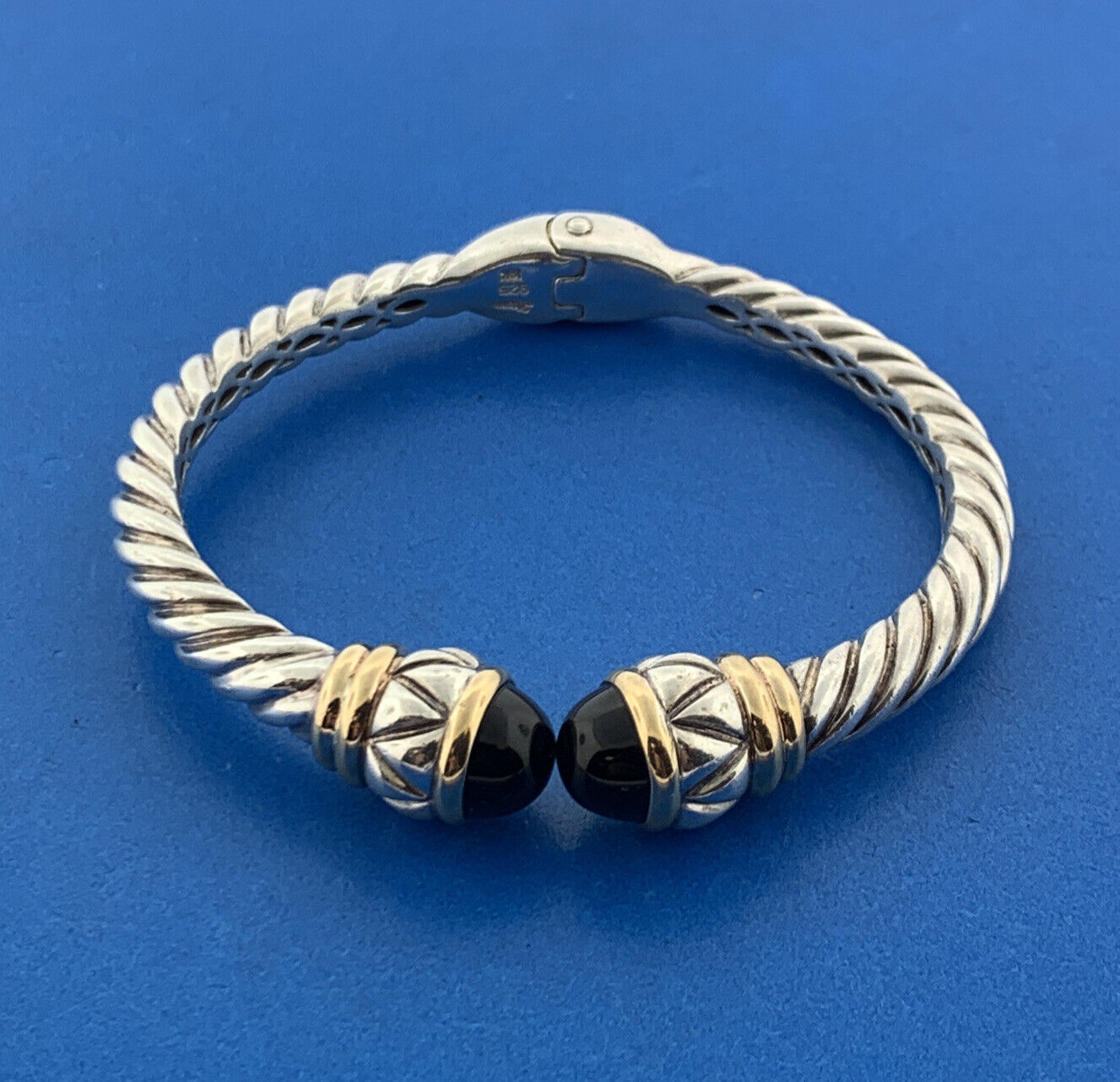 Designer Lorenzo 925 Sterling Silver 18K Gold Black Onyx Hinged Cuff Bracelet