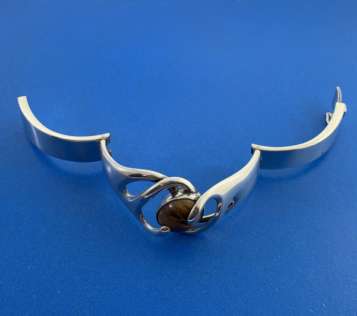 Sigfrido Pineda Taxco Modernist Sterling Silver Tigers Eye Hinged Cuff Bracelet