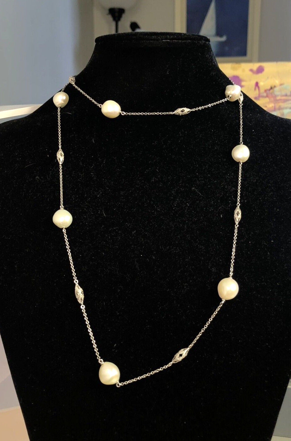 Estate 14K White Gold Art Deco Baroque Pearl Diamond Station Beaded Necklace