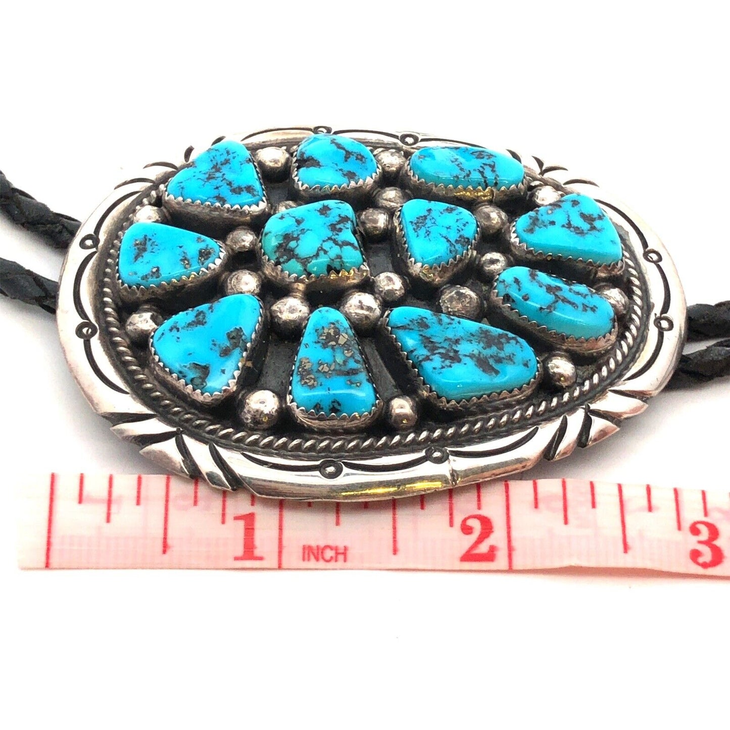 Tommy Moore Navajo Sterling Silver Turquoise Black Leather Bolo Lariat Necklace