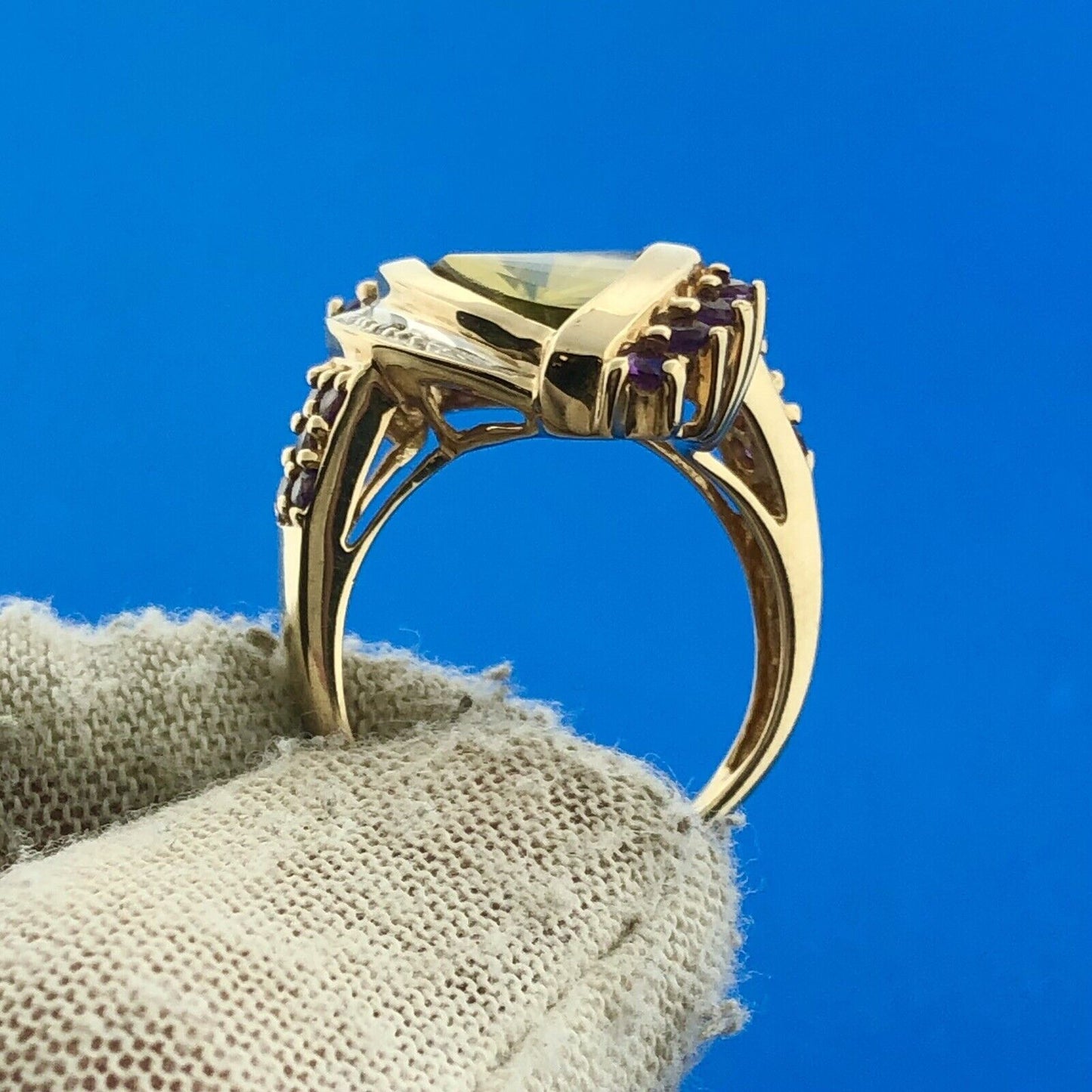 10k Yellow Gold Faceted Citrine Amethyst Diamond Accent Evil Eye Cocktail Ring