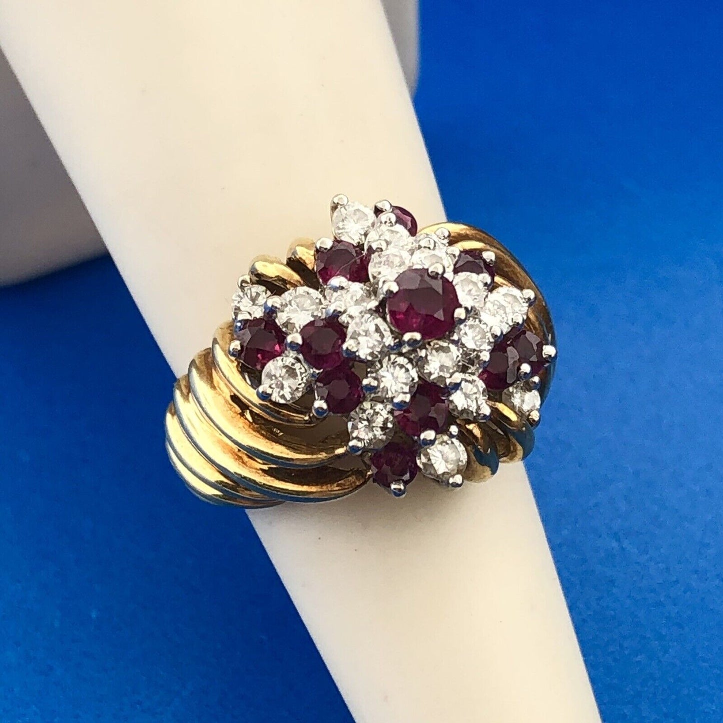 Gorgeous 14k Yellow Gold Diamond Ruby Towering Spiral Cluster Ring Size 4.75