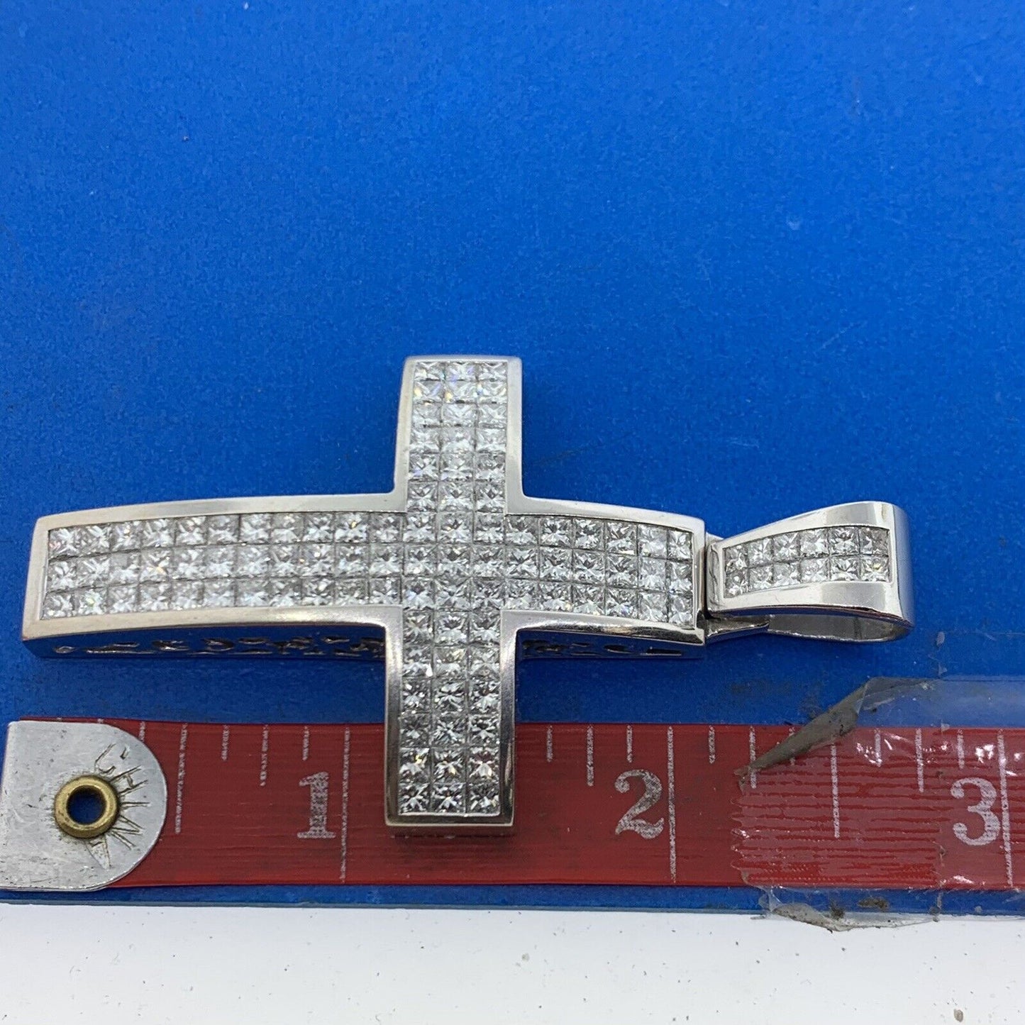 Custom 18K White Gold Princess Diamond Encrusted Statement Cross Pendant