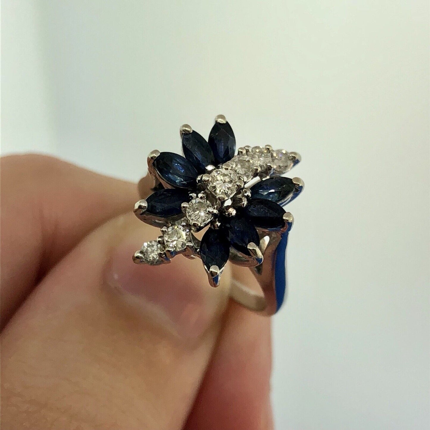 Vintage 14K White Gold Diamond Sapphire Waterfall September Anniversary Ring