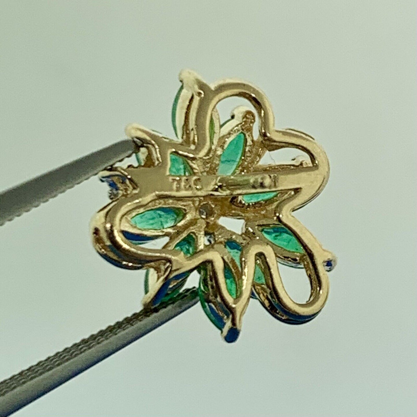 Designer 10K Yellow Gold Marquise Emerald Diamond Accented Floral Stud Earrings
