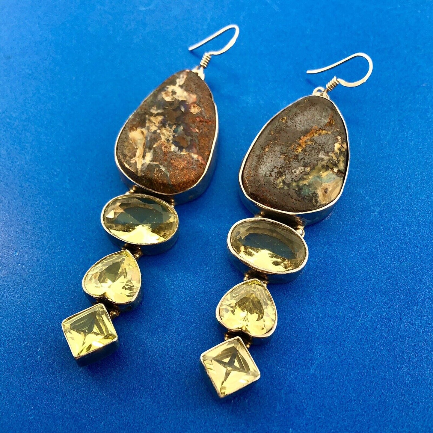 Retro 925 Sterling Silver Chunky Llanite Lemon Quartz Statement Dangle Earrings