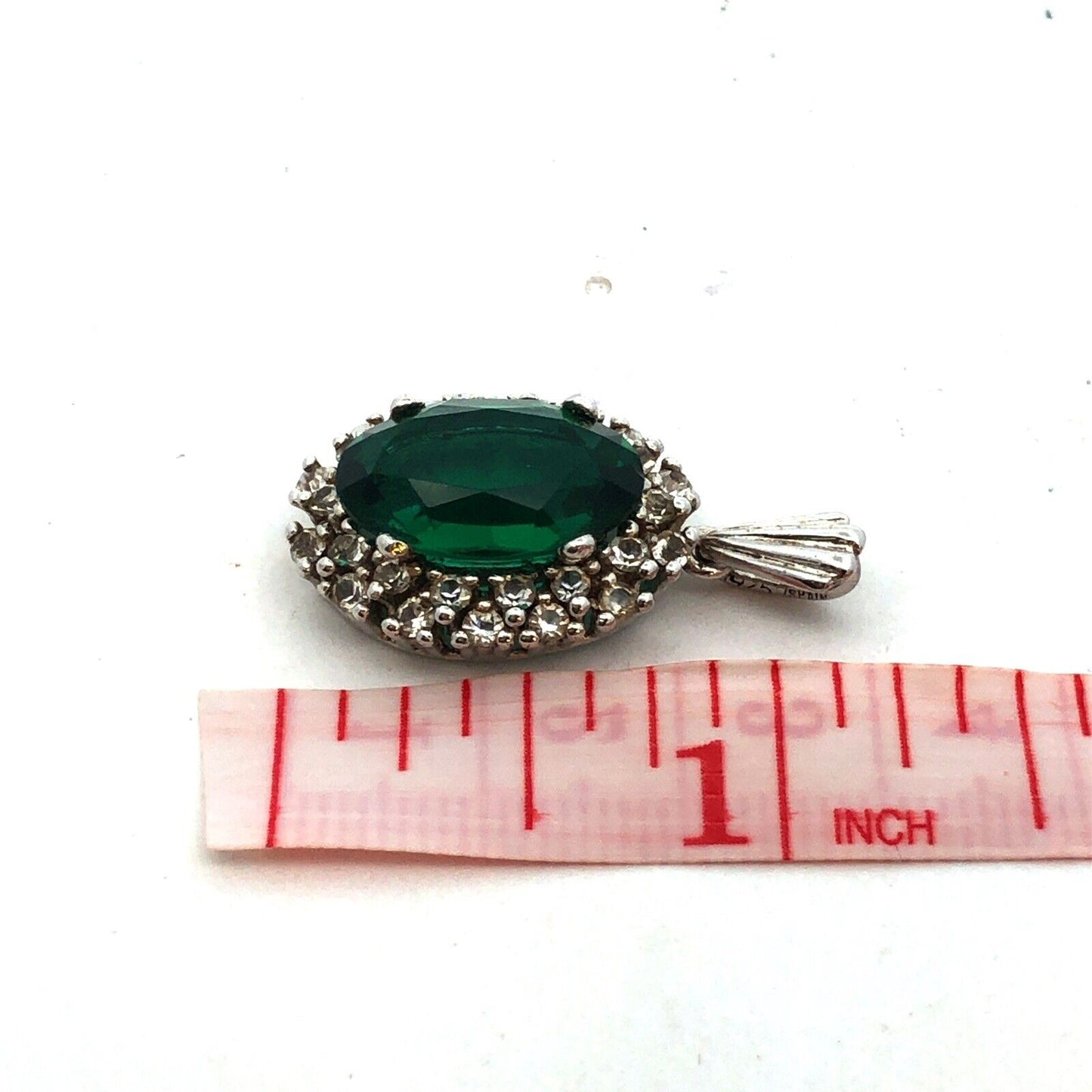Estate 925 Sterling Silver Oval Green Round White Cubic Zirconia CZ Pendant