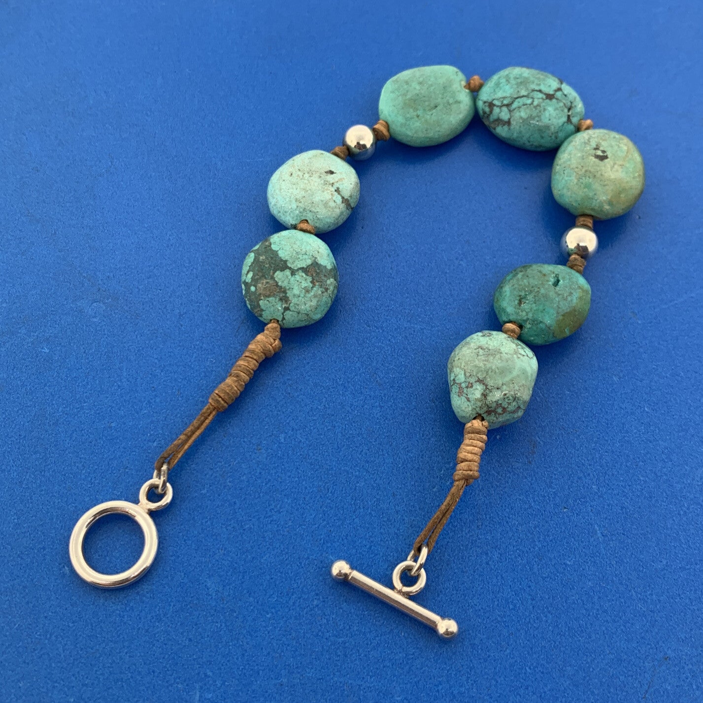 Artisan Sterling Silver 925 Chunky Turquoise Bead Leather Cord Toggle Bracelet