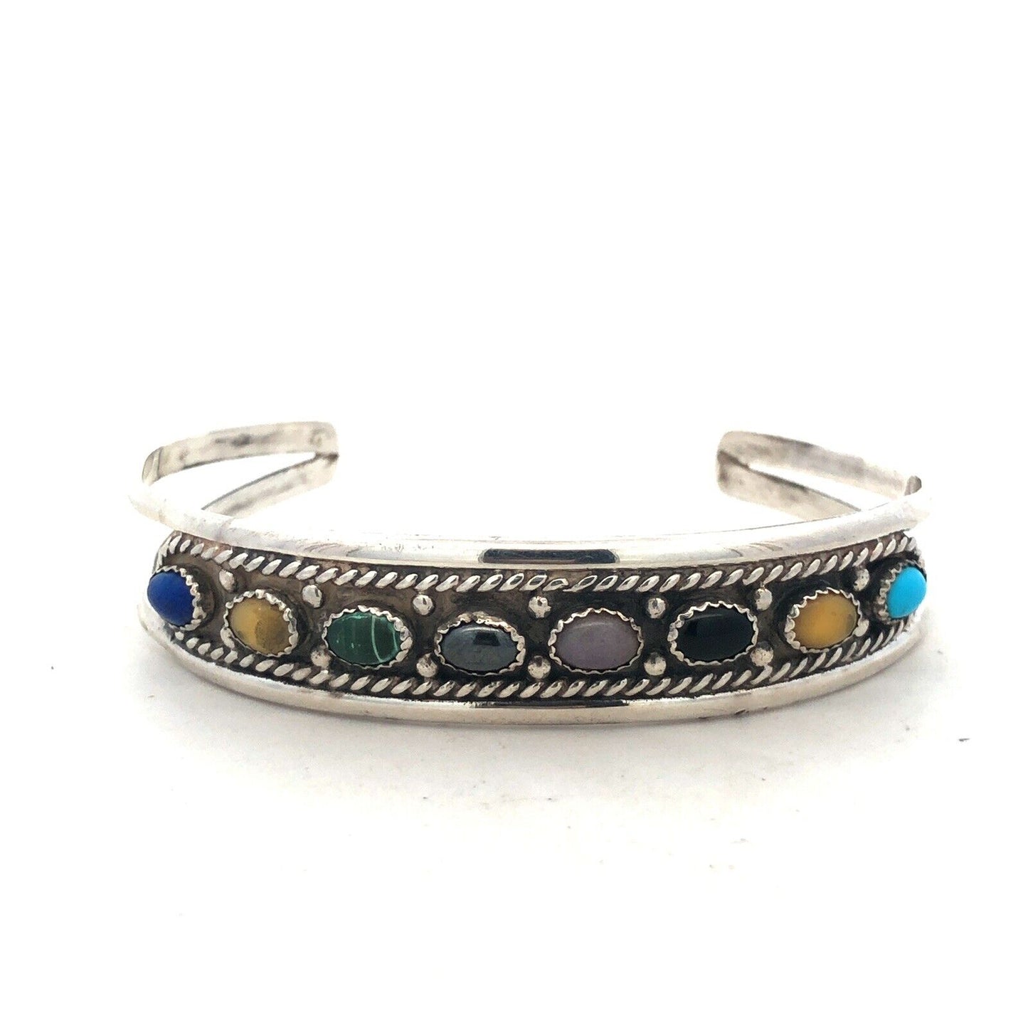 Vintage Signed Old Pawn Native American Oval Mixed Gemstone Open Cuff Bracelet