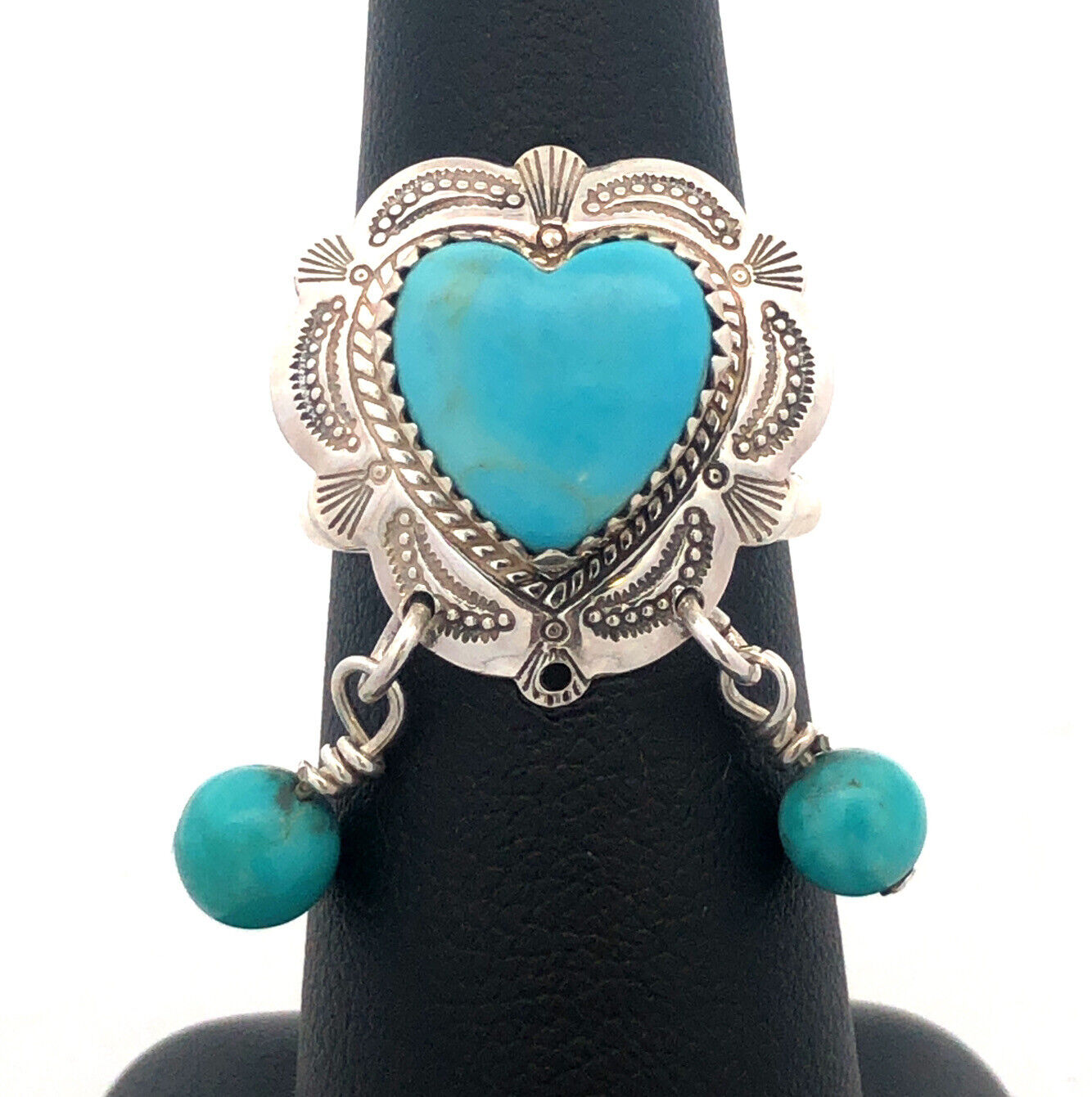 Native American QT 925 Sterling Silver Heart Turquoise Dangle Bead Charm Ring
