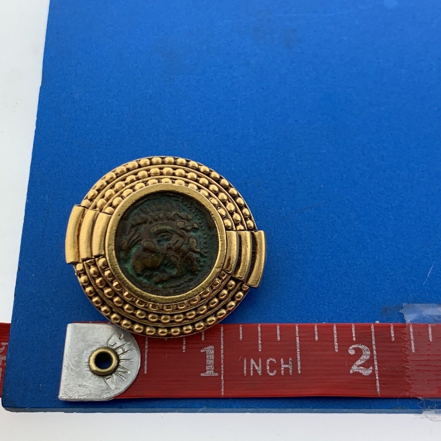 Vintage DIVA Gold Tone Etruscan Inspired Ancient Coin Clip Statement Earrings