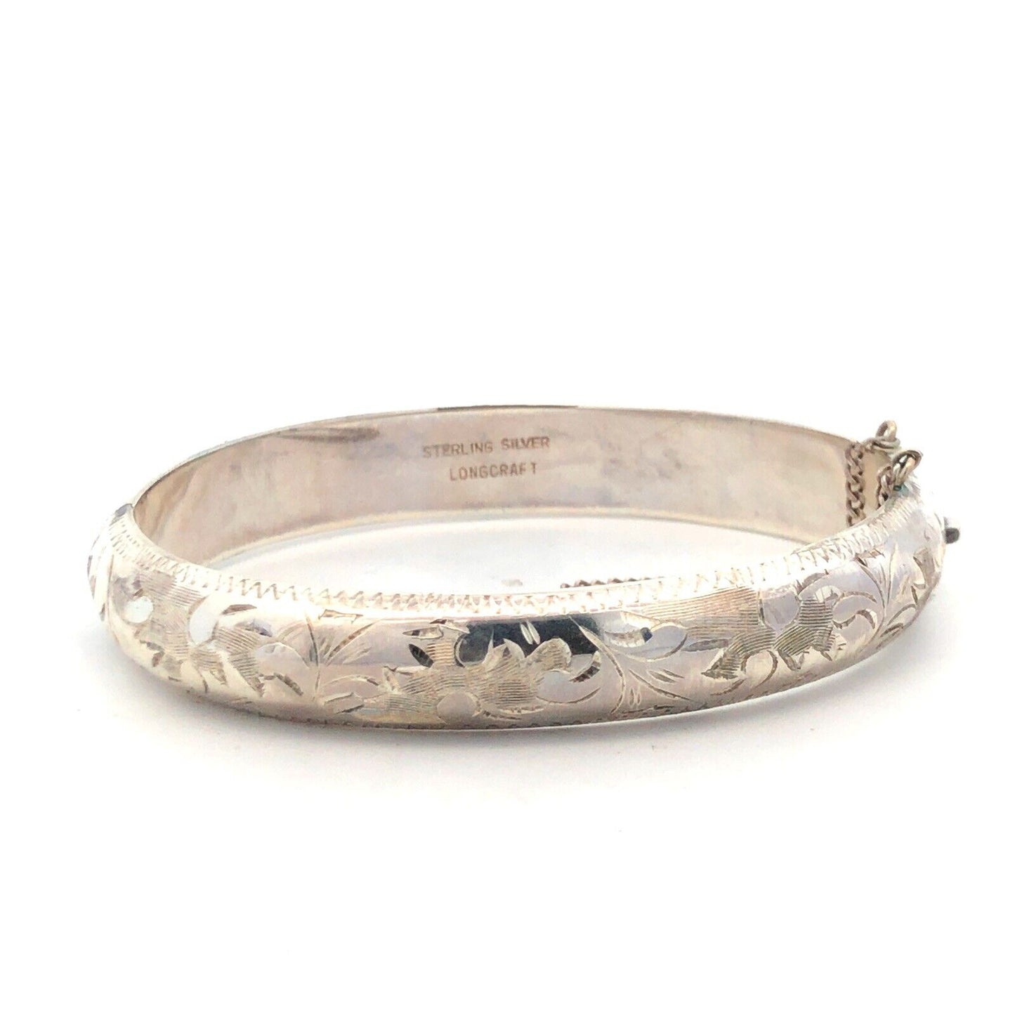 Vintage Longcraft 925 Sterling Silver Floral Scroll Etched Hinged Cuff Bracelet