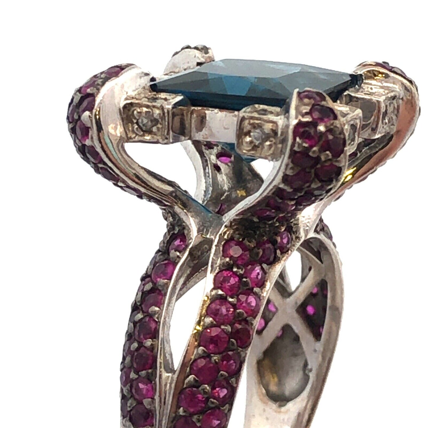 Sterling Silver London Blue Topaz Ruby Diamond Statement Cocktail Ring