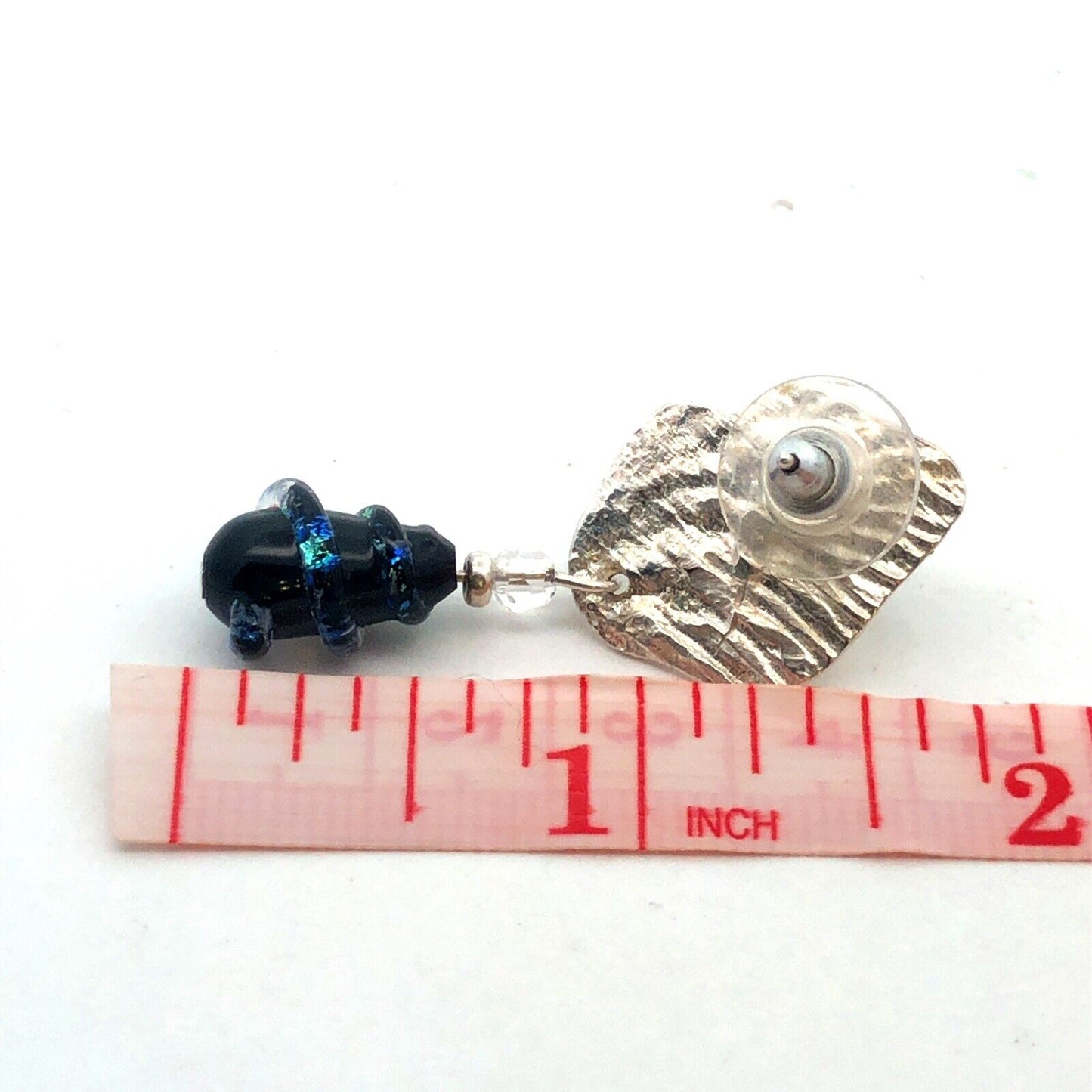 Vintage 925 Sterling Silver Black Onyx Crystal Dichroic Glass Dangle Earrings