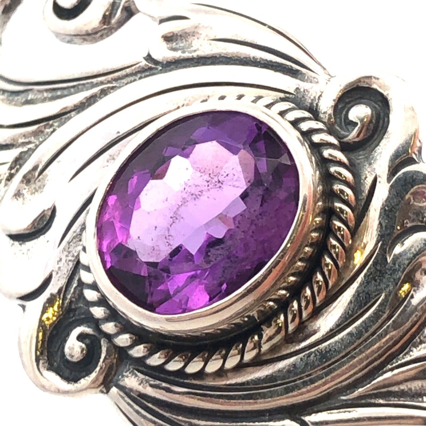 Vintage 925 Sterling Silver Oval Amethyst Floral Scroll Open Cuff Bracelet