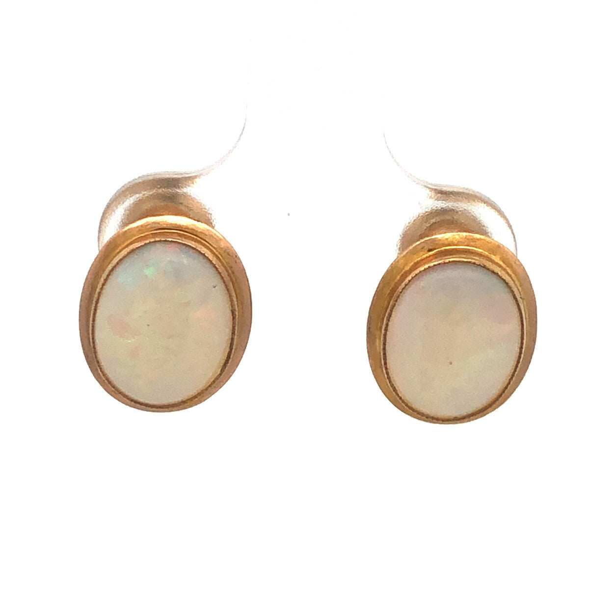 14K Yellow Gold Oval Opal Cabochon October Sweetheart Anniversary Stud Earrings