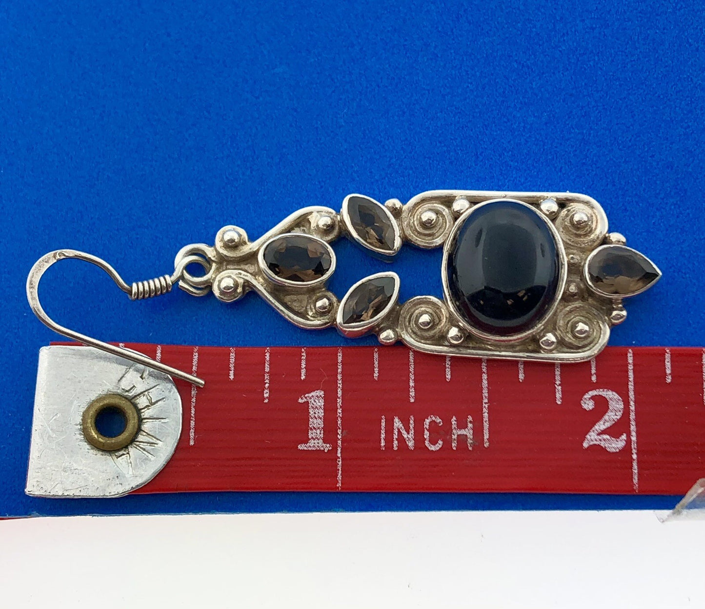 Retro 925 Sterling Silver Black Onyx Smoky Quartz Bead Scroll Dangle Earrings