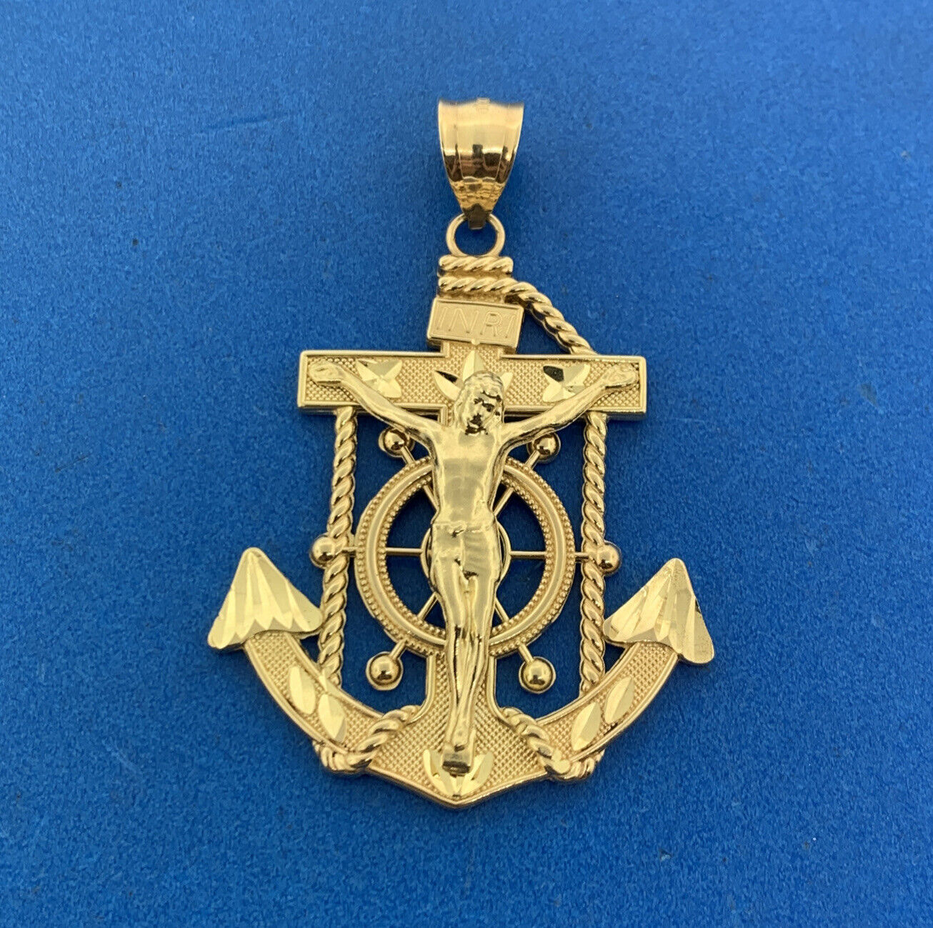 Designer 10K Yellow Gold Sailors Cross Anchor Navy Religious Statement Pendant
