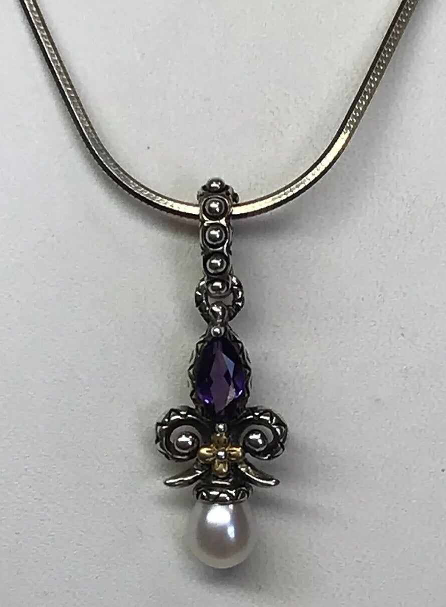 Barbara Bixby 18K Gold Sterling Silver Pearl Amethyst Drop Enhancer Pendant S173