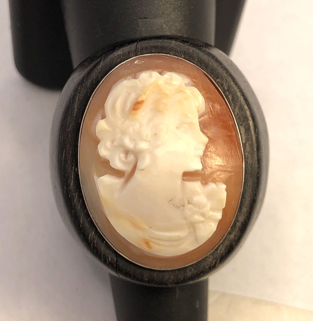 Italian 925 Sterling Silver Chunky Wooden Oval Cameo Statement Cocktail Ring