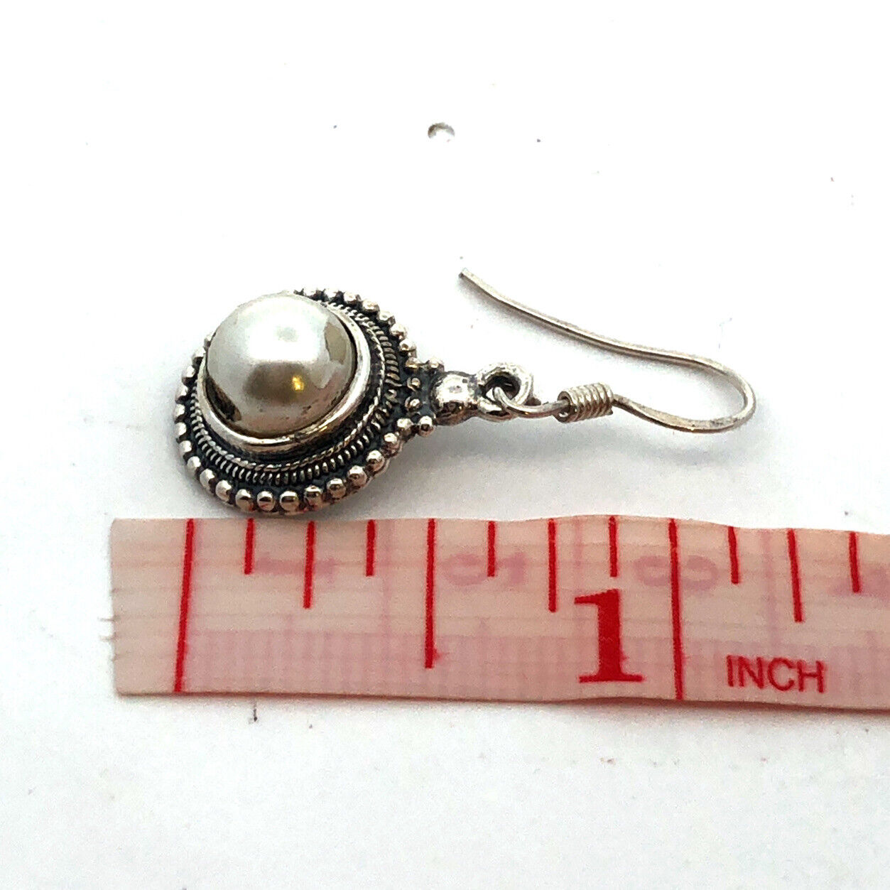 Vintage 925 Sterling Silver Round Pearl Beaded Detail Hook Dangle Earrings