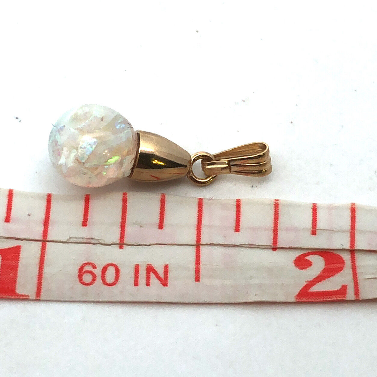 14K Yellow Gold Crushed White Opal Round Resin Charm Pendant
