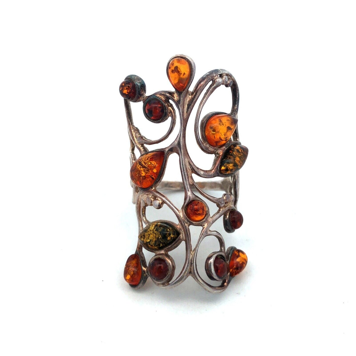 S6205Retro 925 Sterling Silver Mixed Amber Open Work Scroll Statement Finger Rin