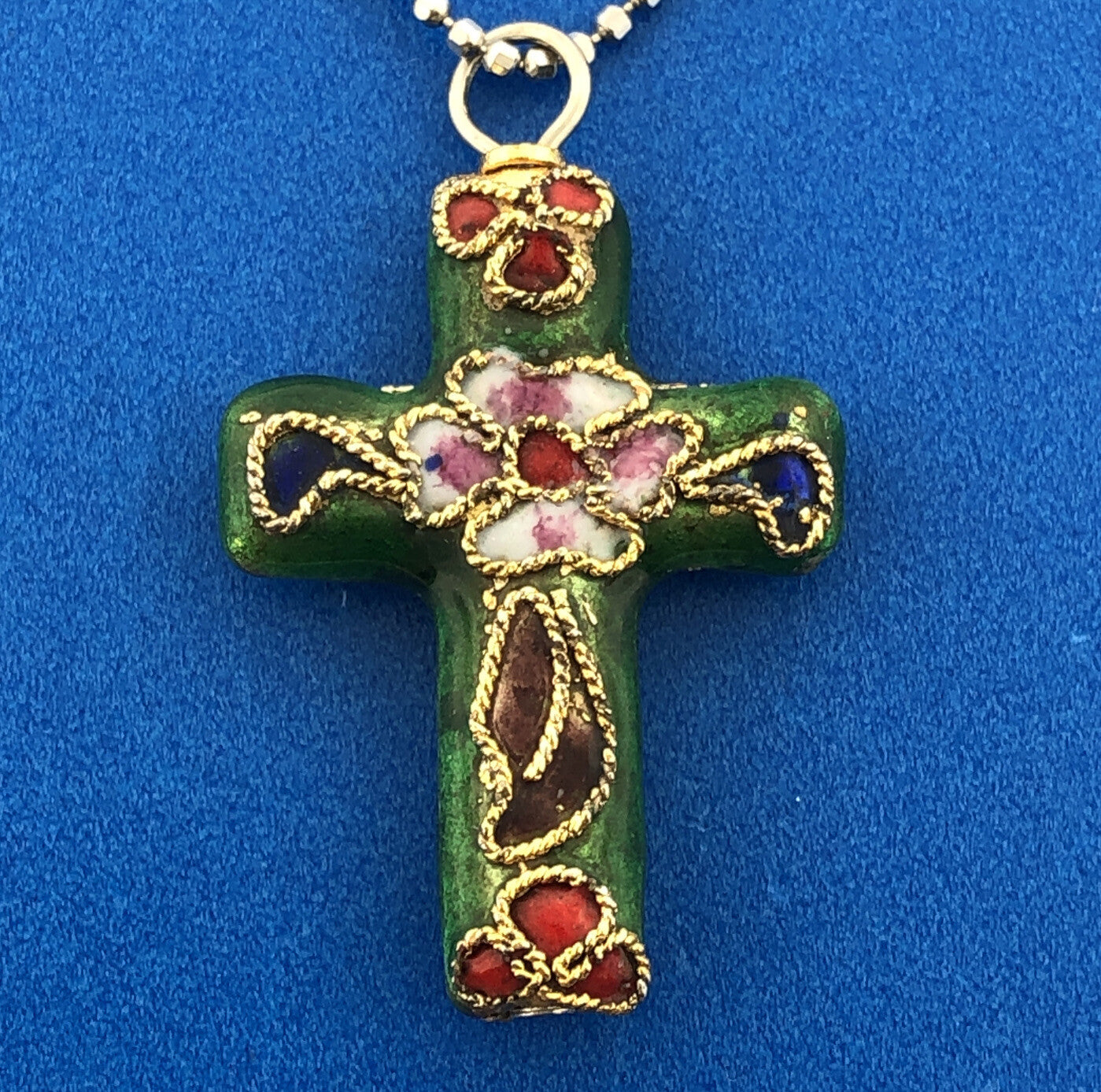 Retro 925 Sterling Silver Vermeil Enamel Cloisonne Cross Two Toned Necklace