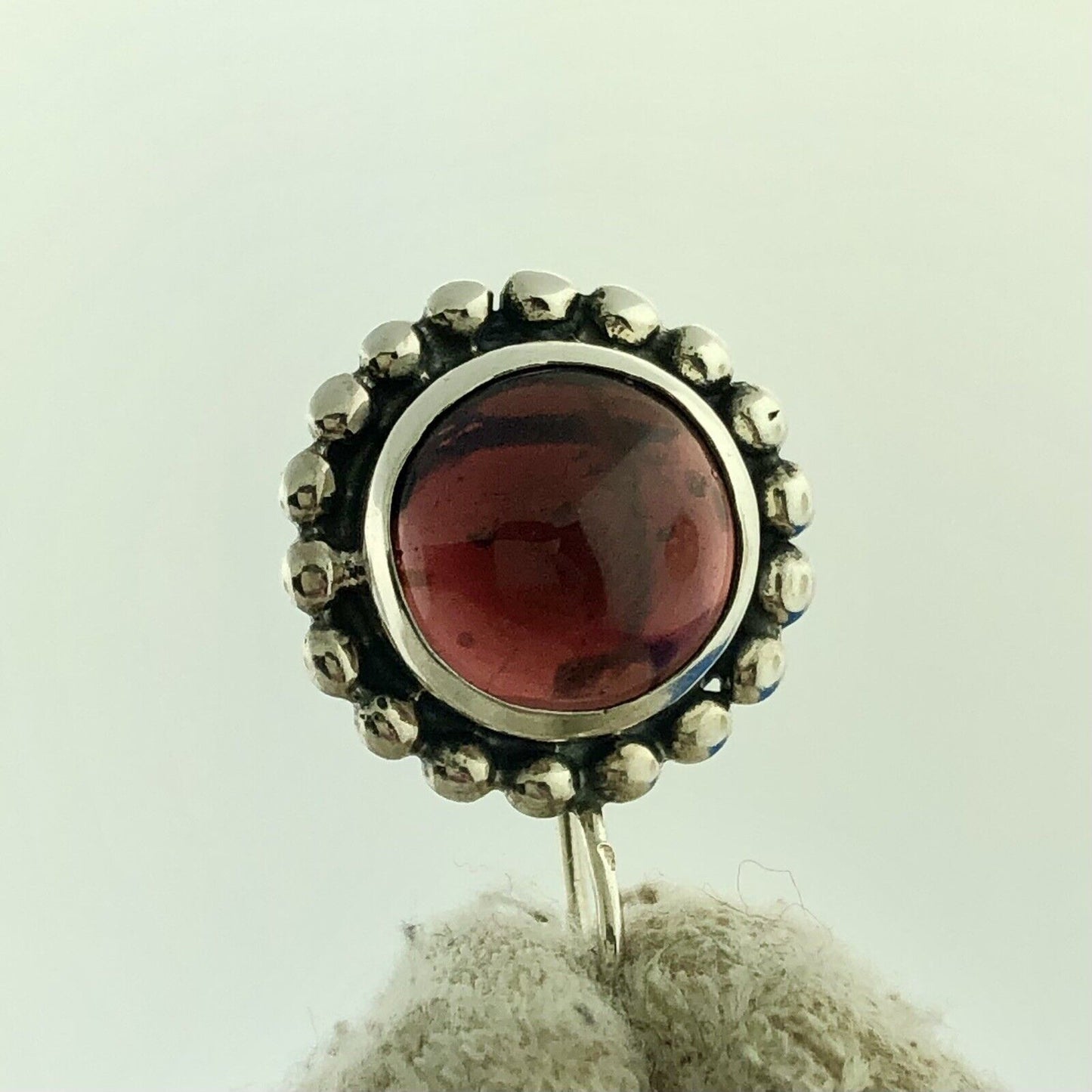 Modernist Sterling Silver Garnet Cabochon Beaded Halo January Occasion Earrings