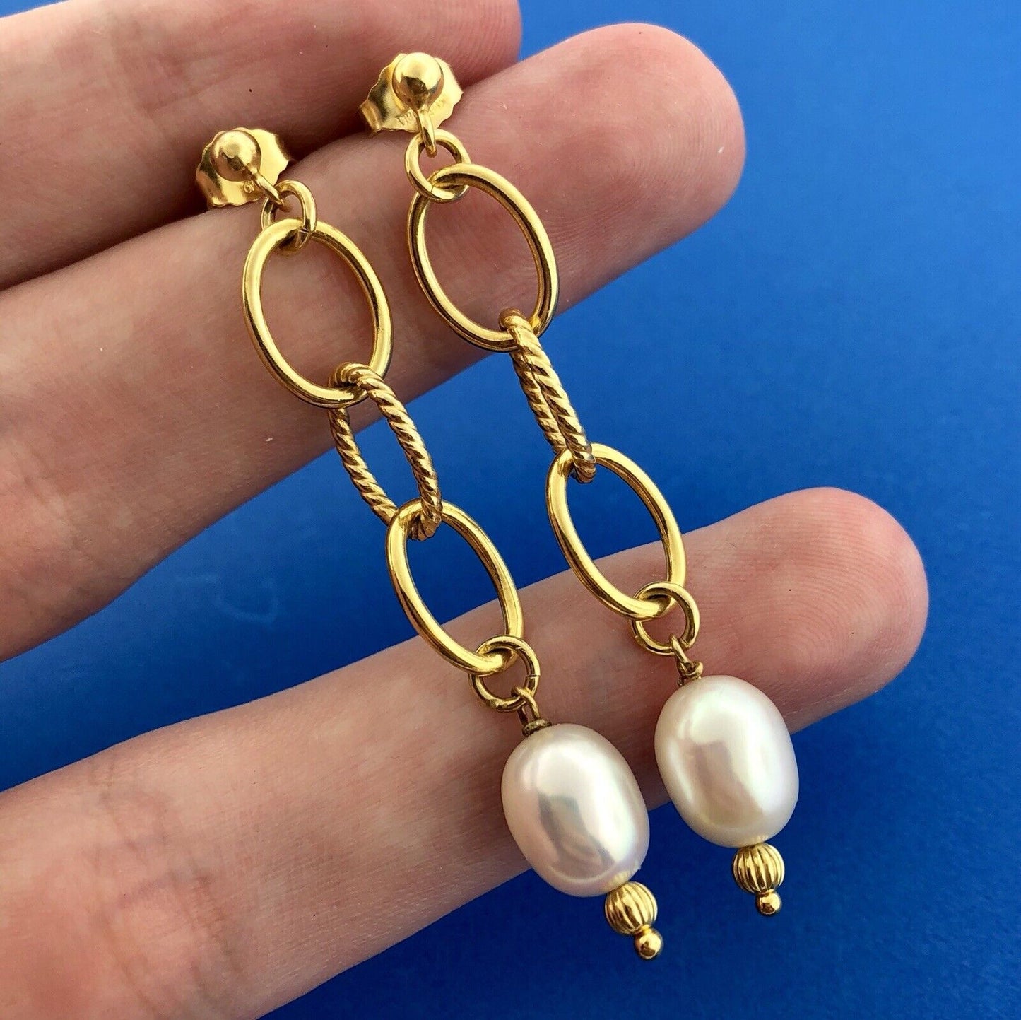 Italy Sterling Silver Vermeil Modernist Polished Twist Pearl Dangle Earrings