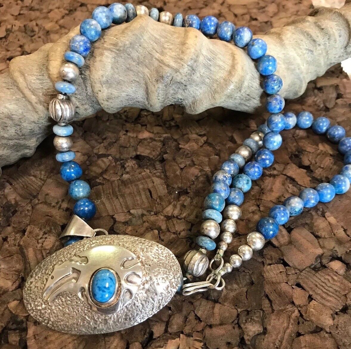 Vintage Native American Sterling Silver 925 Lapis Lazuli Bead Concho Necklace